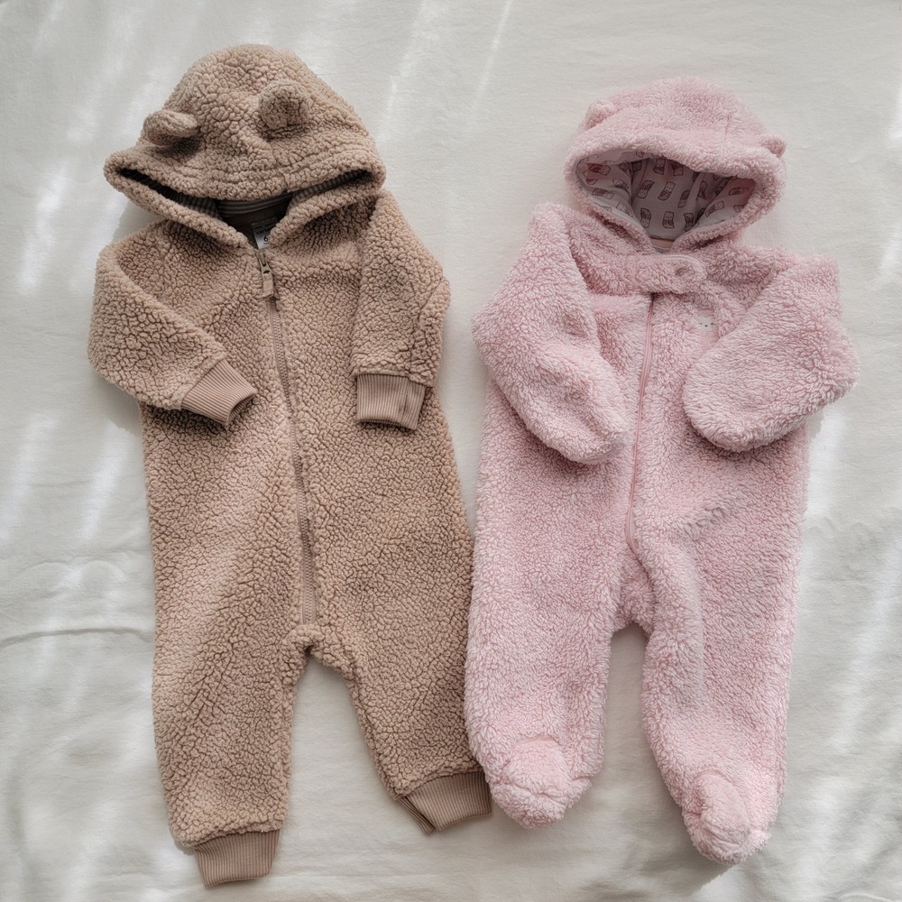 Carters Baby Sherpa Fleece Suit Bundle Tan Bear 6M Pink Owl 3M Hooded Jumpsuit